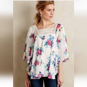 Anthropologie Sz L Floral Print Kimono Big Sleeve Eyelet Blouse Top Meadow Rue